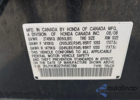 2007 Honda Ridgeline Rtx from USA, damaged, VIN 2HJYK16327H510789